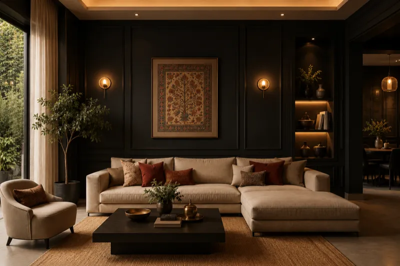 A beautifully painted modern Indian living room with warm lighting