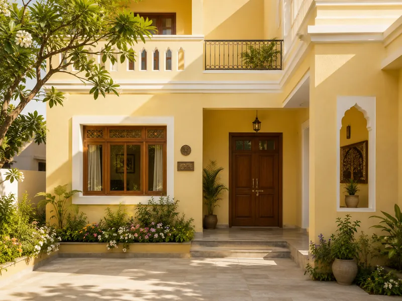A beautifully painted bright exterior of an Indian home basking in sunlight