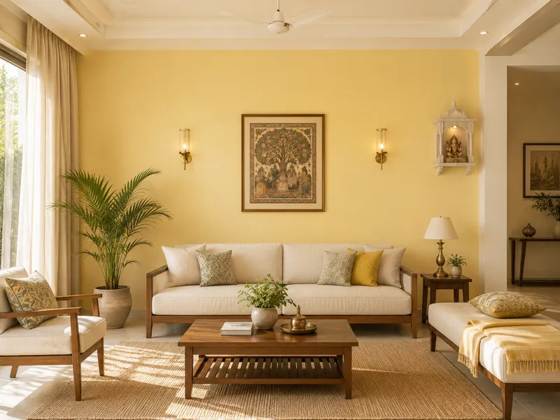 A beautifully lit living room featuring a calming vastu-compliant pale yellow wall