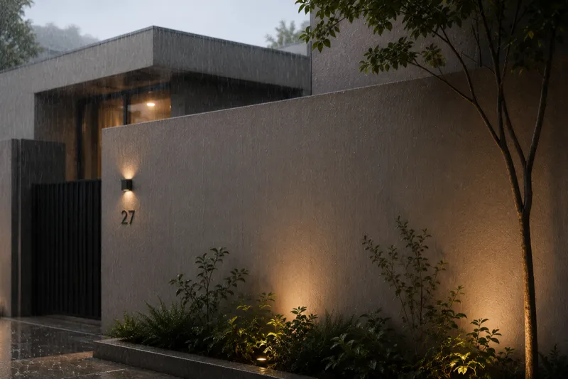 An exterior shot of a modern, minimalist house wall during a light rain shower