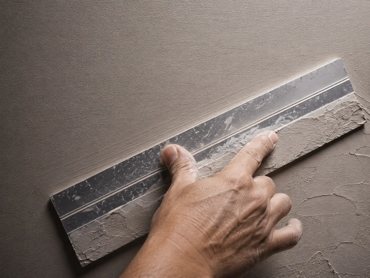 A highly detailed, macro photograph of a textured wall surface being carefully smoothed