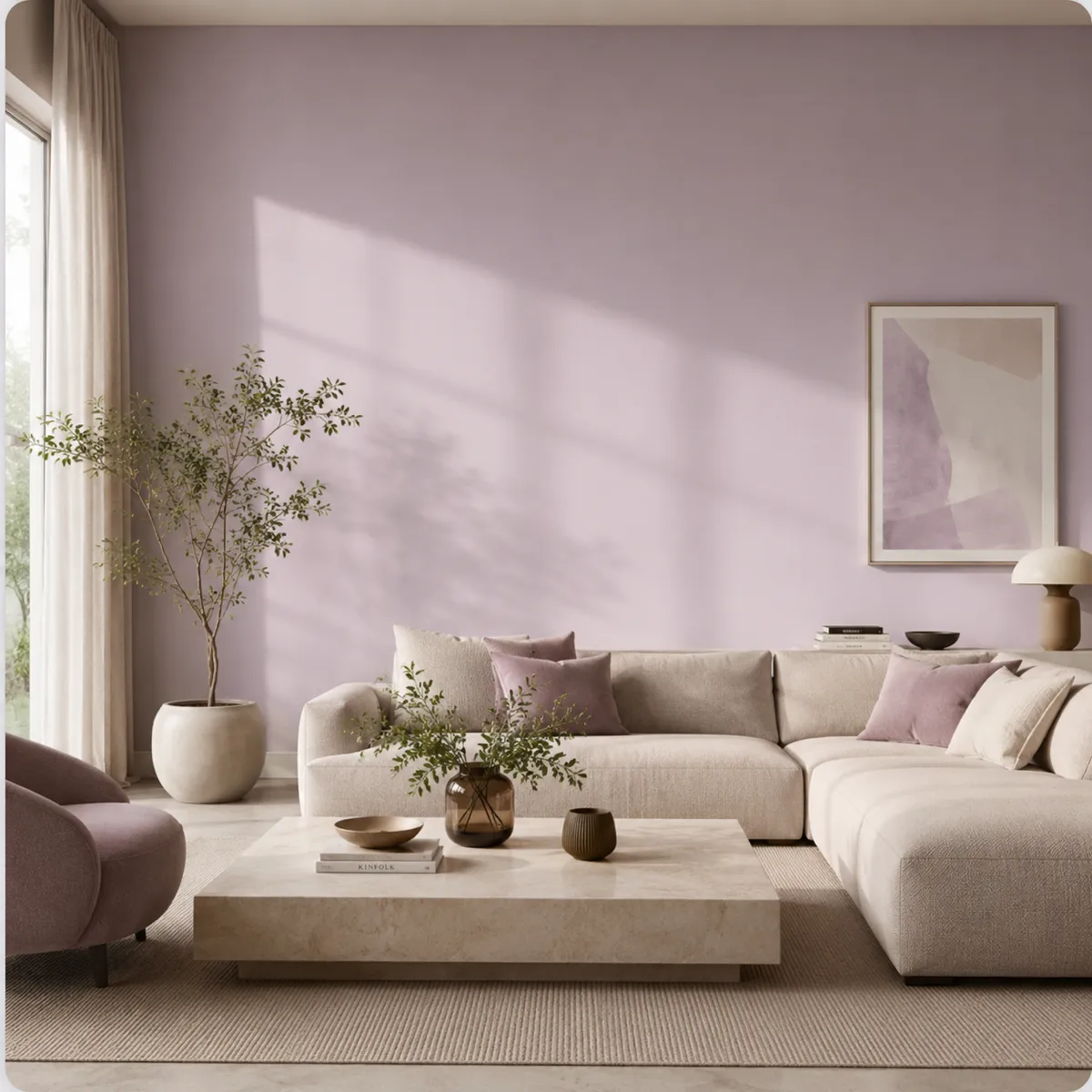 A modern living room painted in a serene soft lavender hue
